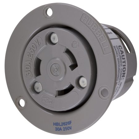 HUBBELL WIRING DEVICE-KELLEMS Locking Devices, Twist-Lock®, Insulgrip® Flanged Receptacle, 30A, 250V AC, 2 Pole, 3 Wire Grounding, NEMA L6-30R, Heat stabilized, Gray Nylon HBL2626F